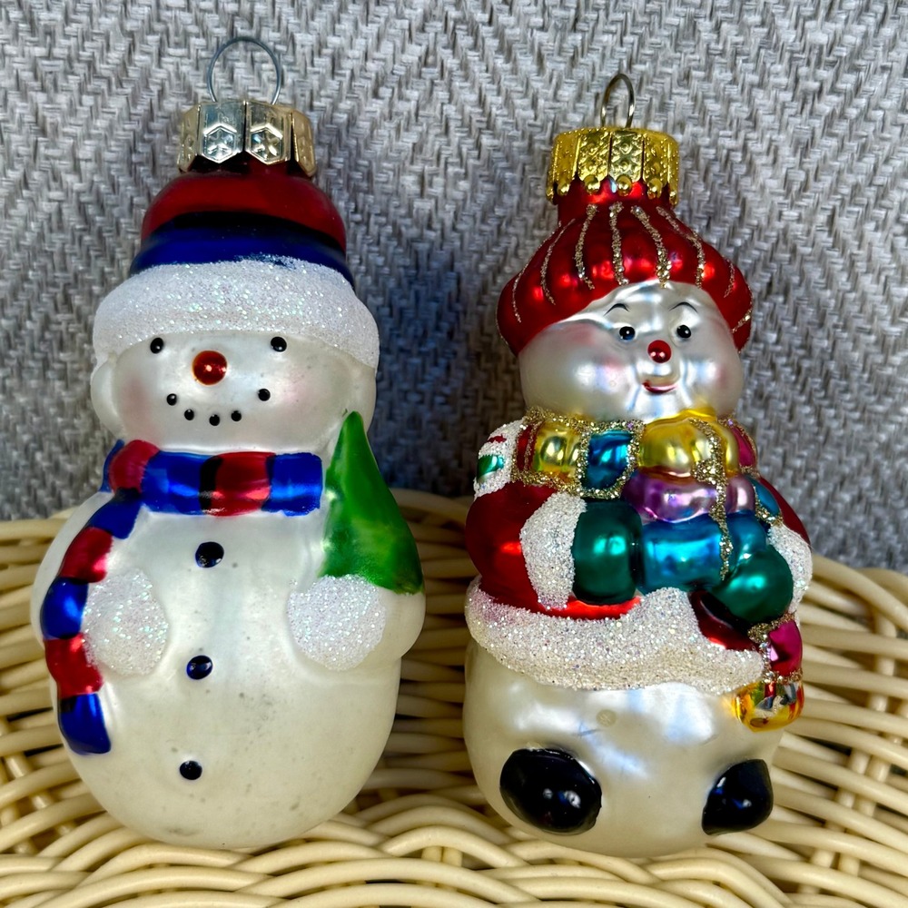 Vintage Blown Glass Snowman Christmas Ornaments Glitter Accents Set of 2